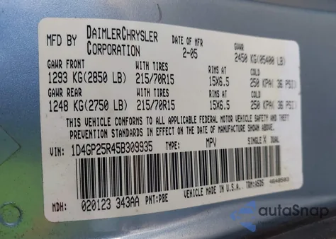 2005 Dodge Caravan Se from USA, damaged, VIN 1D4GP25R45B309935